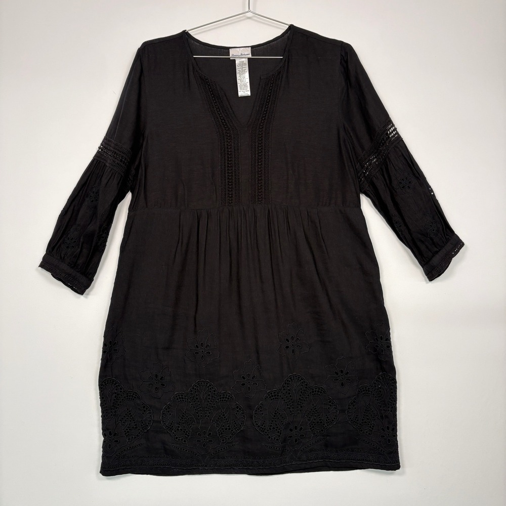 Tommy Bahama Womens St Lucia Dress Large Black Linen Blend Eyelet Lace  SS500013